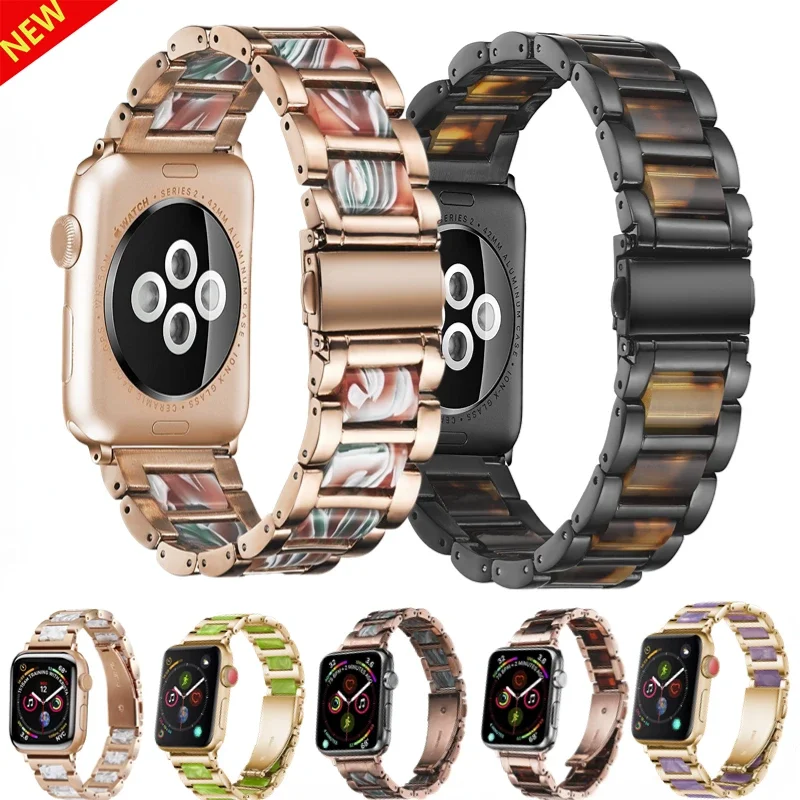 

Resin+Metal Strap For Apple Watch 49mm 45mm 44mm 42mm 41mm 40mm 38mm Solid Resin Bracelet Wristband iWatch Ultra 9 8 7 6 5 4 SE