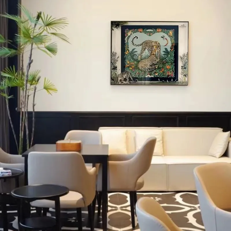 Simple French silk scarf decorative painting, light luxury and high-end feeling, living room, background wall behind sofa,