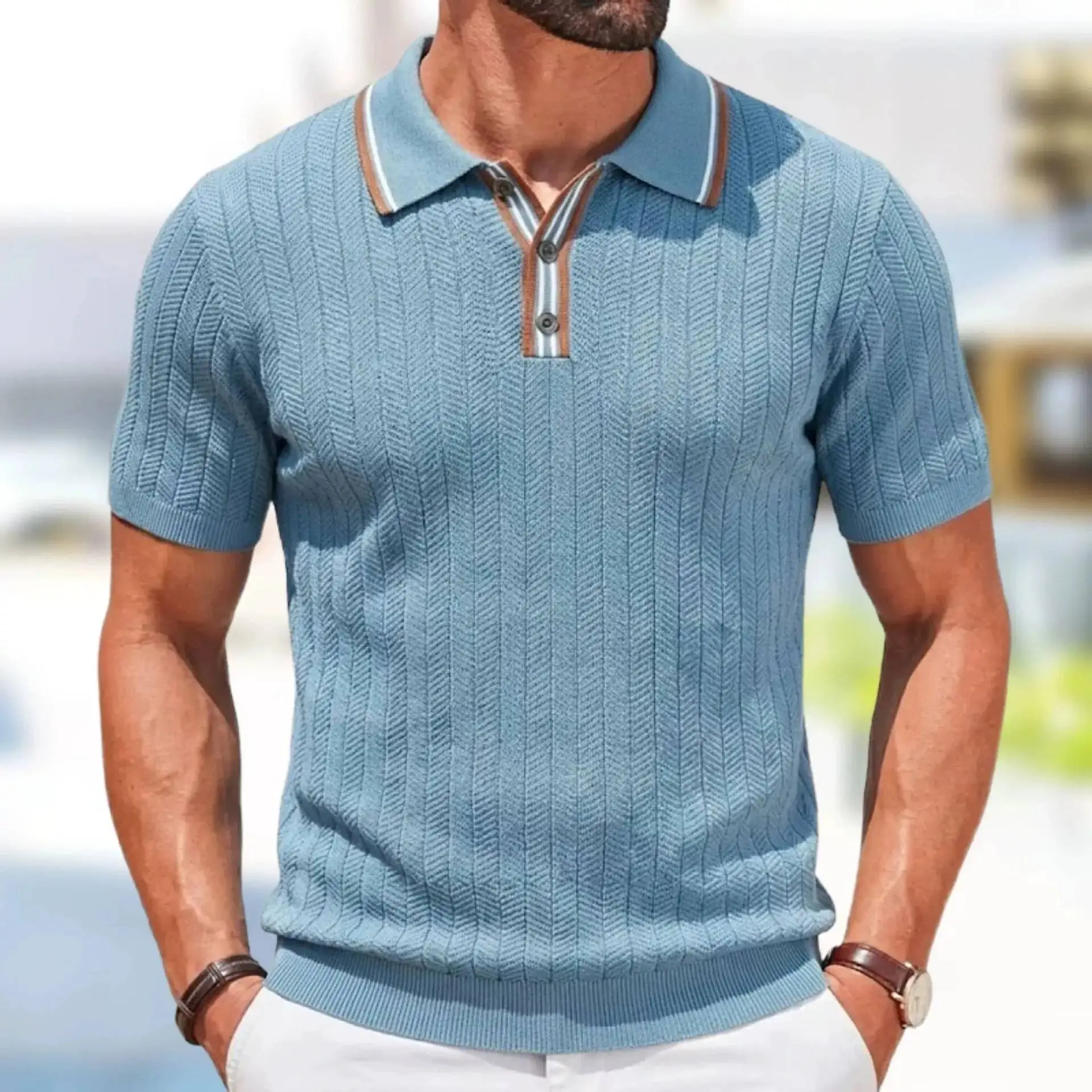 

Summer Men Business Knitpolo Shirt Short Sleeve Patchwork Button-Down Light Luxury T-Shirts Leisure Daily Commut Breathable Tops
