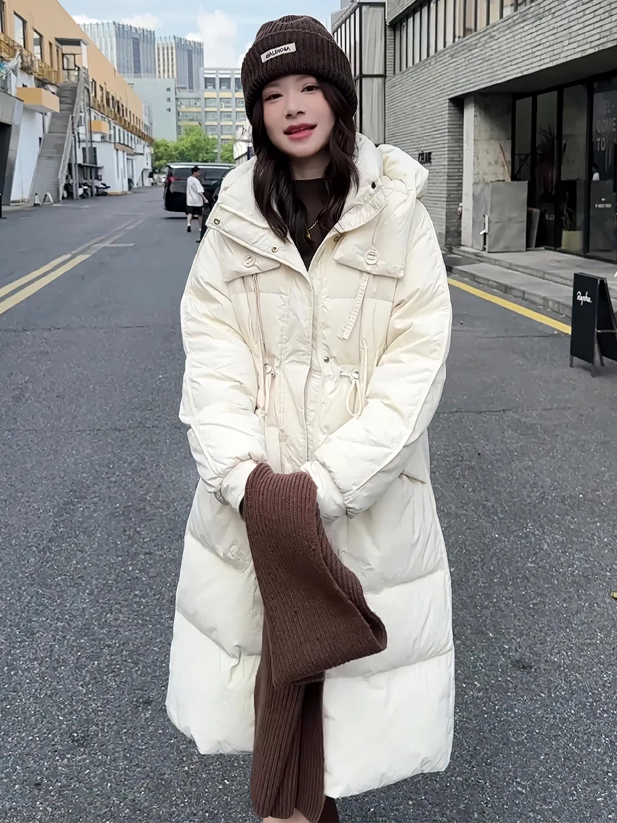 

Женская белая пуховая куртка с капюшоном, удлиненная, модная, универсальная, зимняя, утепленная, для повседневной носки