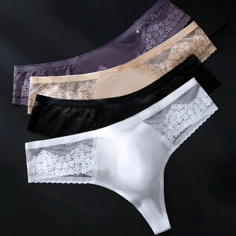 

Lace Sexy Thongs 3D Convex Bag Men's Underwear Seamless Ice Silk See-Through Men T-back Panties Elastic Breathable Man G-Strings