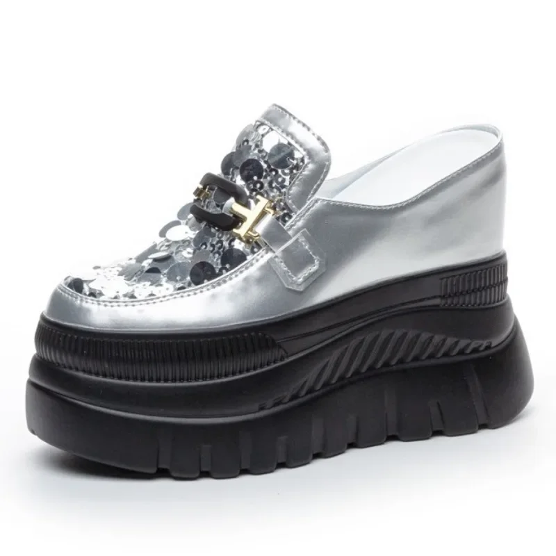 

12CM Genuine Leather Spring Women Bling Sandals Women Comfortable Shoes High Brand Fashion Casual Platform Wedge Slippers Summer