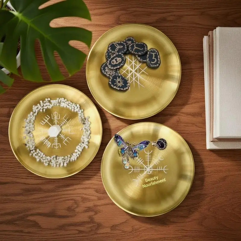 **14cm Stainless Steel Plate Candlestick Ceremonial Ornament Engraving Plate Nordic Compass Crystal Storage Round Plate