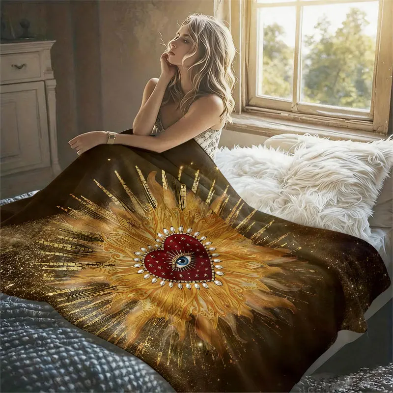 Sacred Heart Eye Gold Flannel Blanket Perfect for Sofa Office Bed Travel Sleep Read Relax Camping Four Season Use