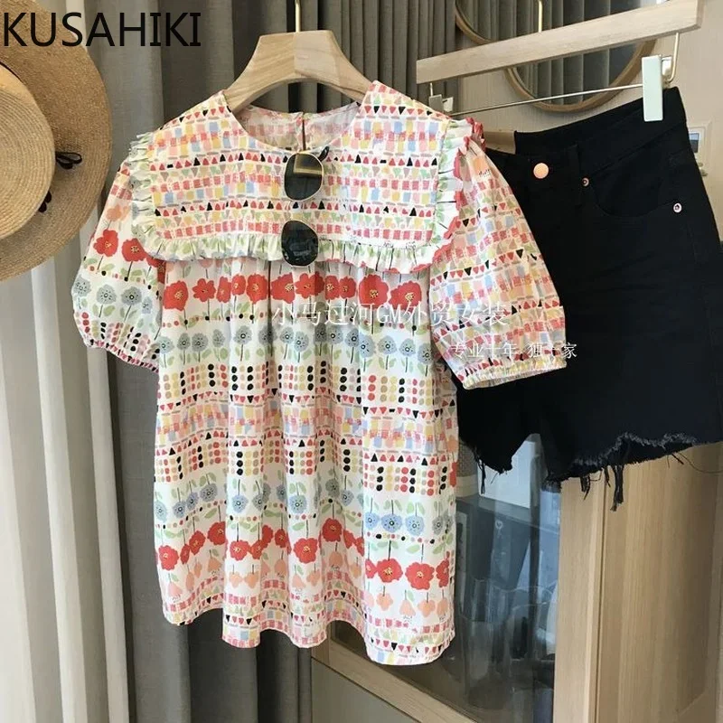 KUSAHIKI Floral Ruffle Turn-down Collar Woman Blouse Causal Chic Korean Puff Sleeve Doll Shirts 2023 New Sweet Top Blusas 6L125