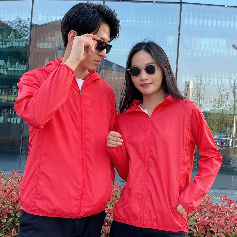 Unisex Summer Lightweight Hooded Windbreaker Outdoor Sports Thin Jacket Custom Logo Print Couple Zip Up Cardigan Sun Protection