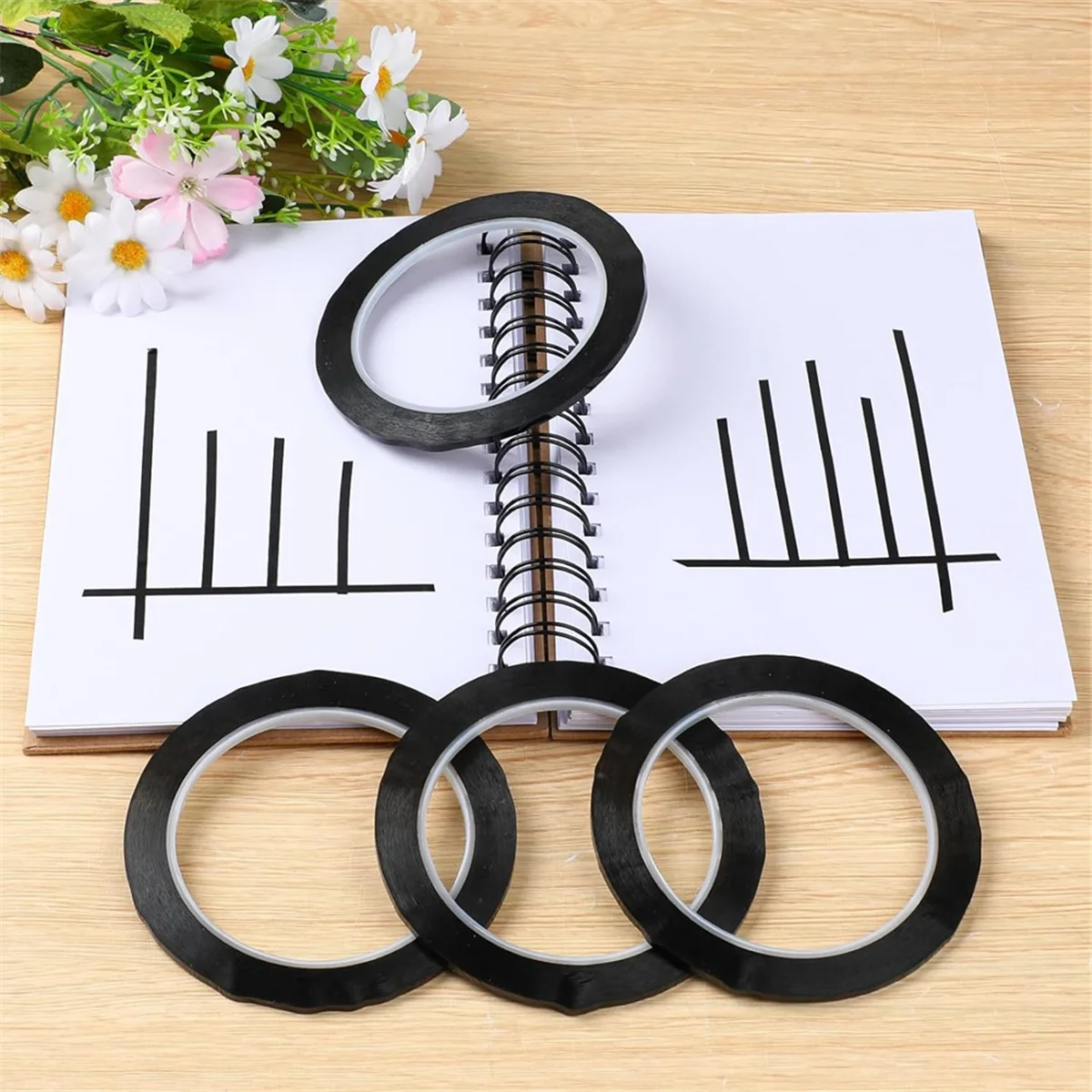 الجودة! 4 قطع من شريط السبورة البيضاء، شريط مقلم أسود، شريط شريطي بعرض 3 مم، للفصول الدراسية، عرض المؤتمرات (PET)