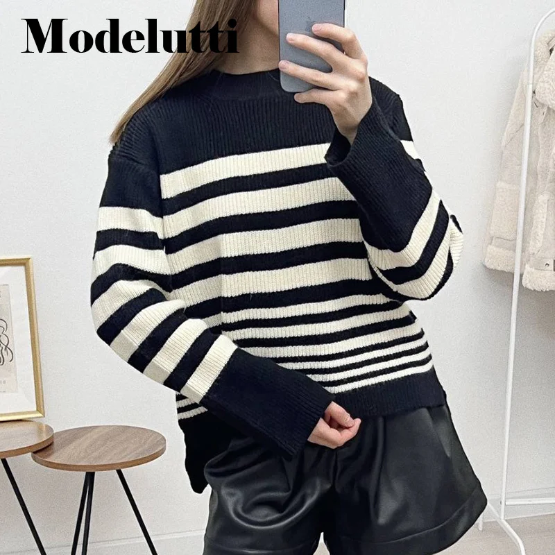

Loose Striped Casual Women Round Neck Sweater Winter Thick Warm Cashmere Pullovers Top Soft Female Knitted Jumper Pull