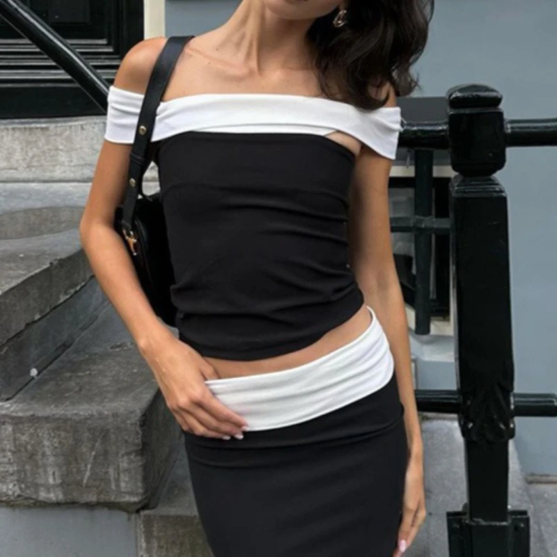 Sexy Off Shoulder Black White Color Blocking Tank Top Women Bare Midriff Halter Crop Tops Camisole Female Tube Top Cropped Vest