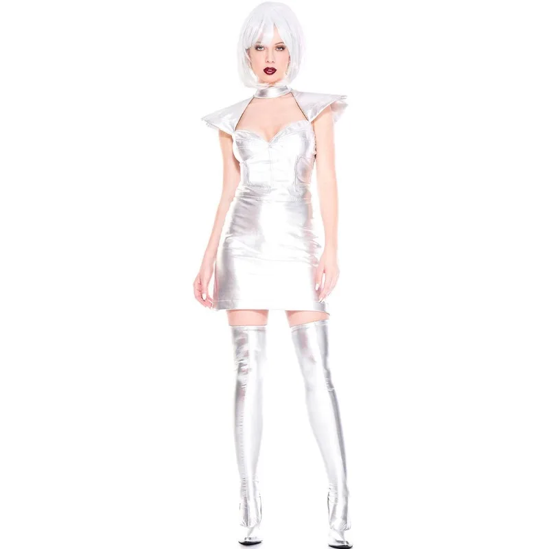 Women Metallic Mini Dress Set Stand Collar Cutout Design Shoulder Flap Details Halloween Party Costume