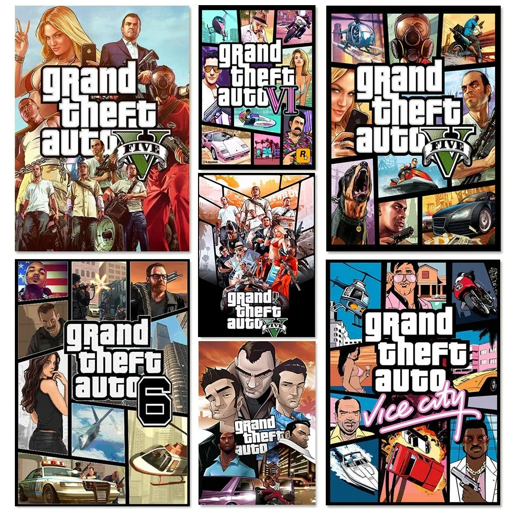 Game GTA 5 6 Grand Theft Auto Game Role Poster Anime Girl Dog Canvas Painting Wall Pictures Gaming Room Home Bar Decor