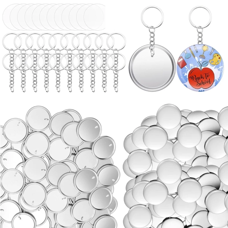 

100Pcs Craft Keychain and Button Badge Set, Keyring Decoration Accessories, 58 mm Button Badge, Keyrings with Chains