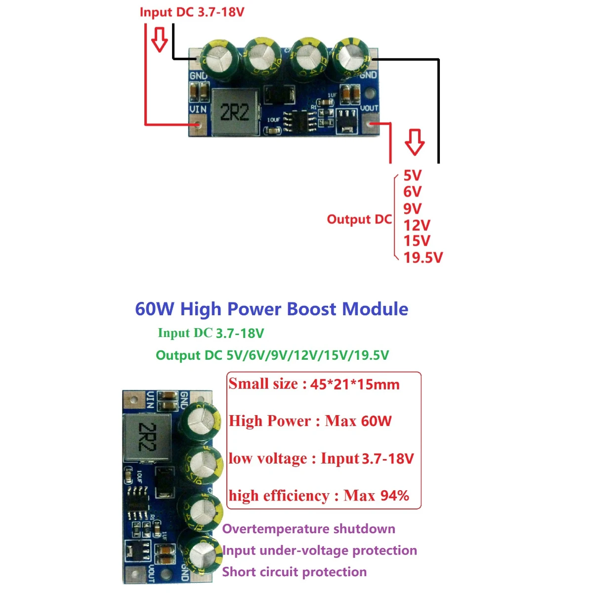 Step-Up Boost DC DC Converter Molude for  lead acid Car cigarette lighter PLC LED 60W DC 3.7V-18V to 5V 6V 9V 12V 15V 19.5V