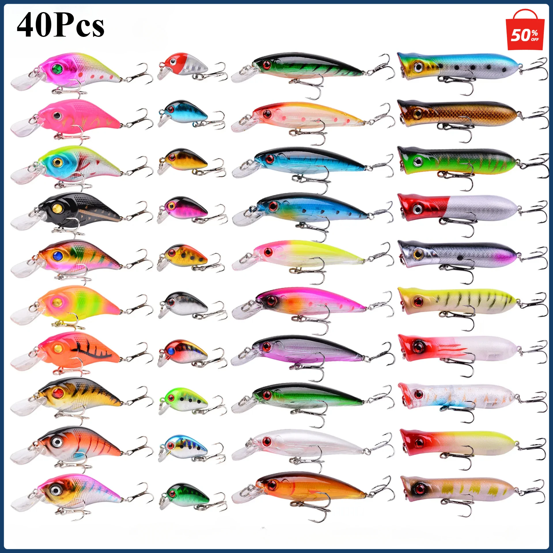 

40pcs Fishing Lures Set Hard Bait Classic Minnow Crank Bait PopperMixed Bass Bait Set Carp Fishing Swimbait Fishing Accessories