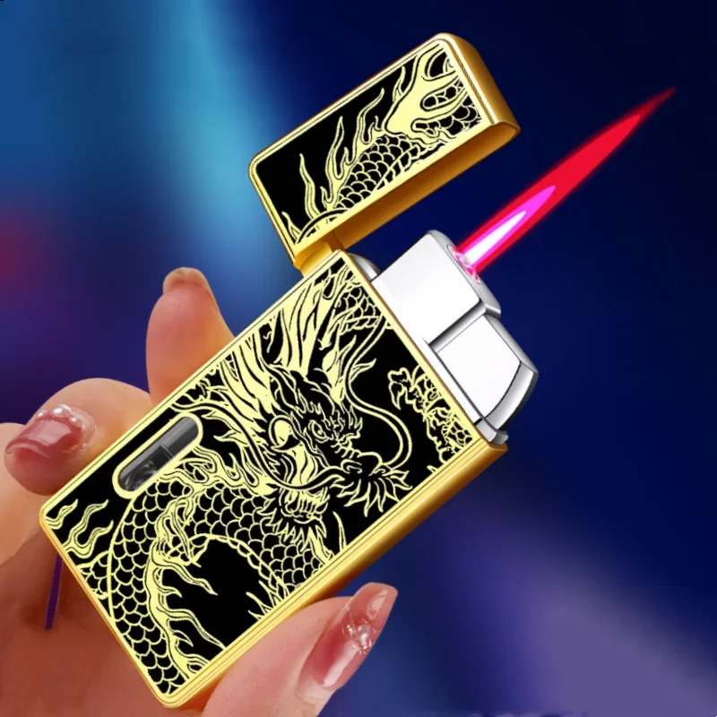 NEW Metal Lighter Visible Gas Inflatable Lighter Windproof Pink Flame Multi layer Craft Dragon Lighter Cigar Smoking cool Gift