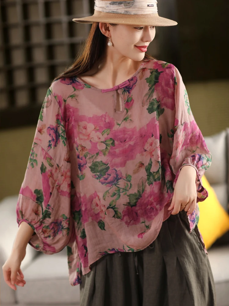 

Chinese Sle irt with Button Design 00% Flax Thin Body Lantern Sve Printed Pullover Top for Women Summer Commute Sle
