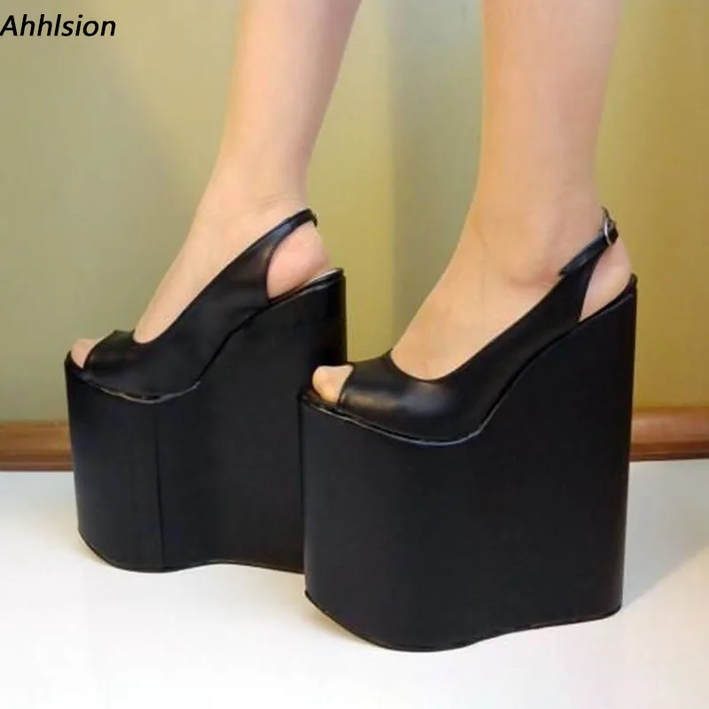 

Ahhlsion Handamde Women Summer Sandals Buckle Super High Wedges Heels Peep Toe Elegant Black Banquet Shoes Ladies US Size 4-15