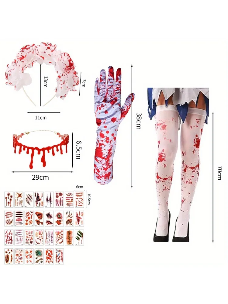 PESENAR Women Halloween Zombie Bride Costume Set with Stockings Eyeball Rose Scary Ghost Bride Costume Cosplay