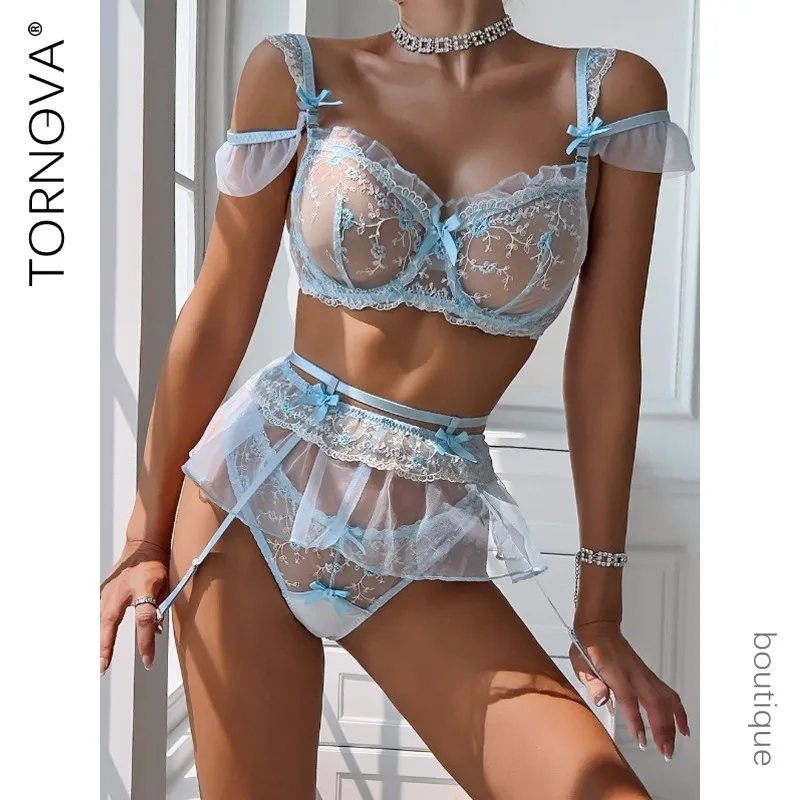 

Tornova Sexy Lingerie Suit for Women Lace Perspective Embroidered Sexy Lingerie European and American Suit Three-piece Set New