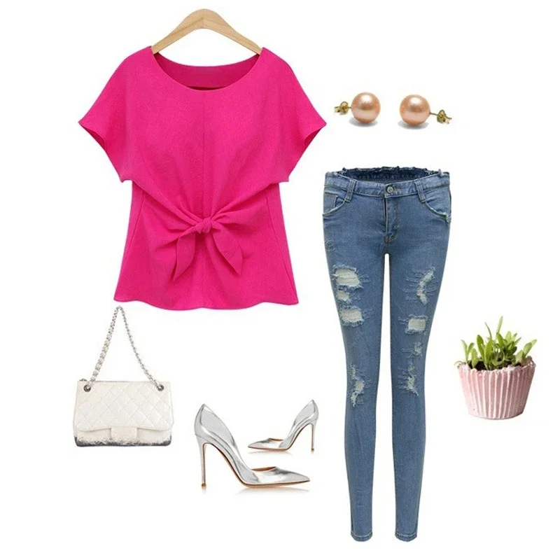 O-Neck Short Sleeve Shirts for Women Fashion Summer Casual Chiffon Slim Tees Tops Batwings Bowknot Blouses Plus Size Oversize