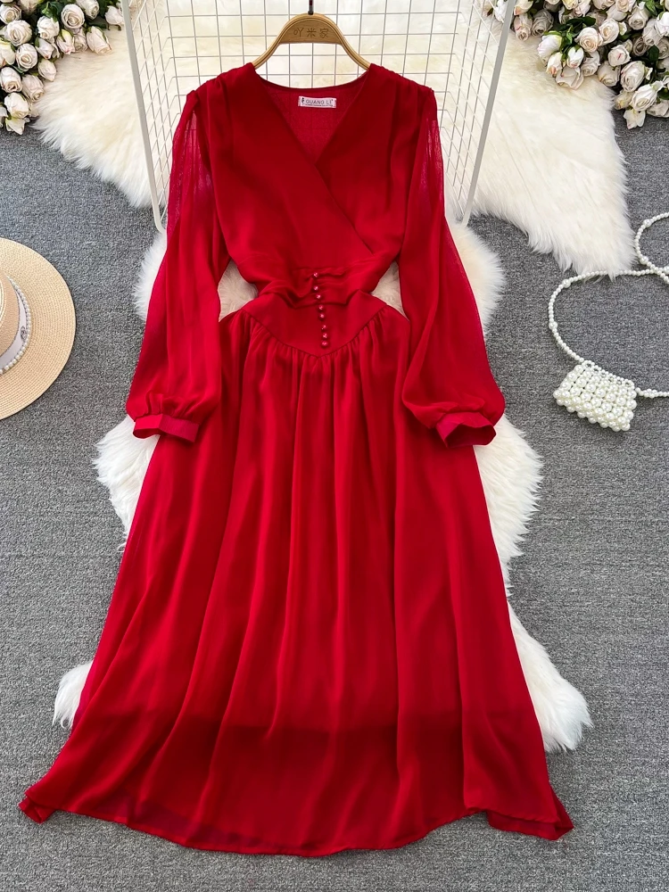 Primavera Autunno Pausa tè Gentle Wind Bubble Long Sve V Ne Vita stretta Slim a Line Chiffon Dr Pendolarismo Colore puro Midi...