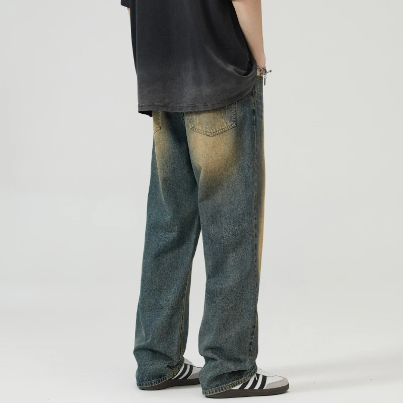 2024New Style Spring and Summer American Retro Nostalgic Water Washed Hole Jeans Men's Straight Personality All-Matchingcleanfit