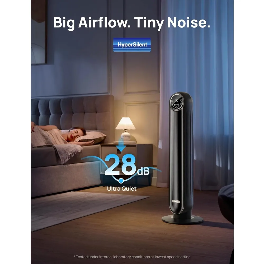 مروحة برجية لغرفة النوم، سرعة 25 قدم/ثانية، مروحة أرضية هادئة 28 ديسيبل، للداخل مع 4 سرعات، 4 أوضاع، مؤقت 8 ساعات، أسود