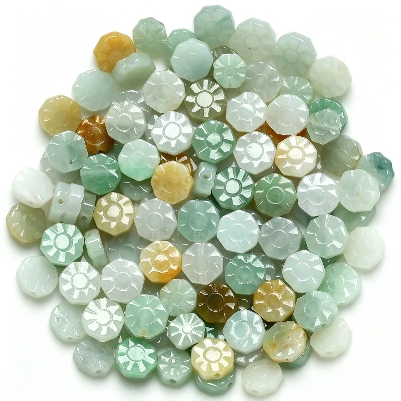 10Pcs Natural Jade Bagua Flower Loose Beads Through Hole Carved Eight Trigrams Charms DIY Bracelet Necklace Jewelry Supplies