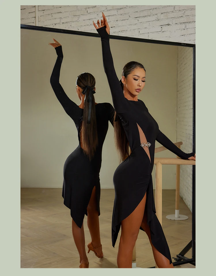 Vestido de dança latina para mulheres, Vestido tango preto, Vestido Rumba, Vestidos com franja latina, Recortada, 23125