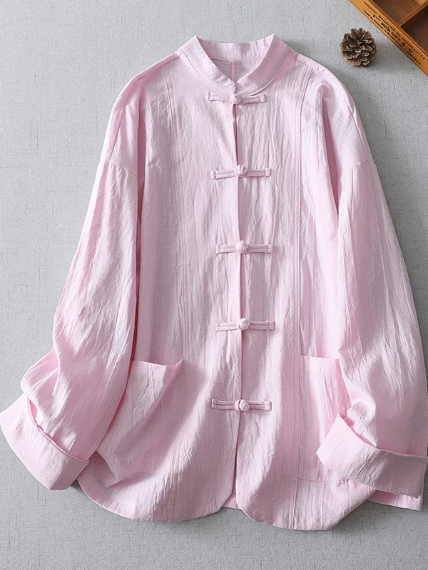 Chinese Sle Cotton Linen Loose Casual irt Long Sve Stand Collar Zen Tai Chi Clothing Large Size Women's Faionable Bu...