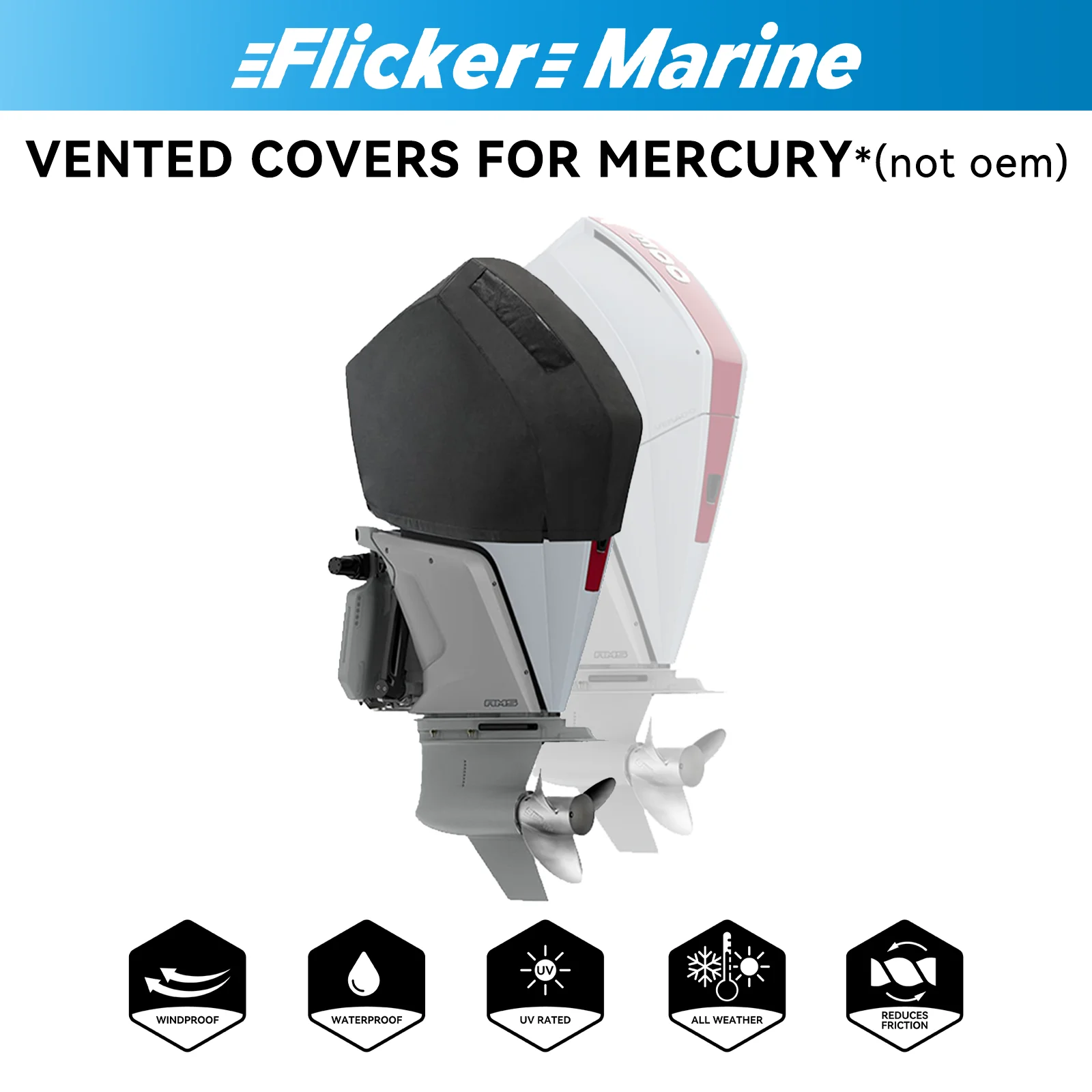 Flicker Vented Outboard Engine Cover Compatible with Mercury | Marine Grade Canvas, Secure Fit, Reinforced, Waterproof UV