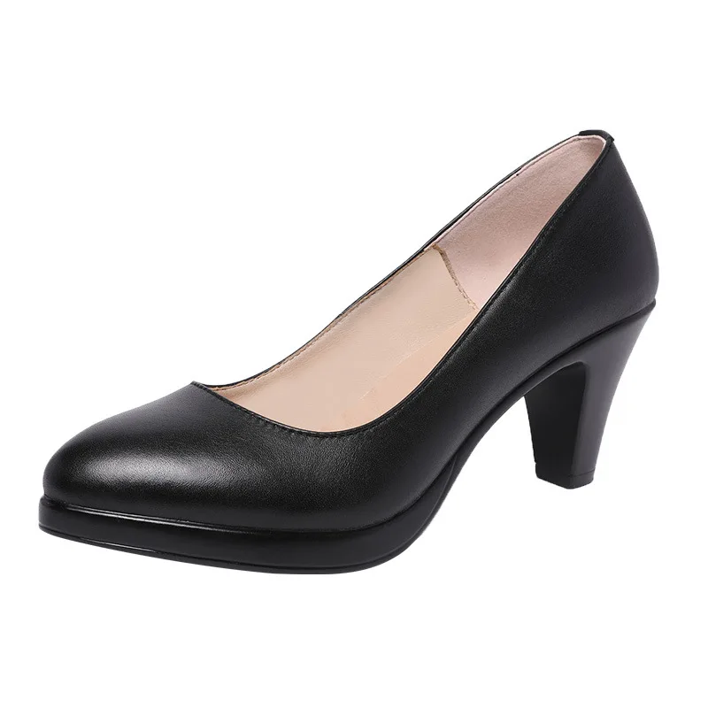 Size 32-43 New Women Leather Shoes Women High Heels Shallow Mouth Platform Pumps Fashion Black Career Work Office Ladies Shoes