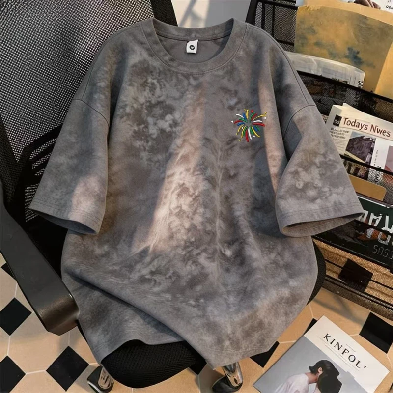 Mens T Shirt Tie Dye Japanese Style Summer Tee Harajuku Unisex Loose Fit Crew Neck Casual Streetwear Couple Fashion Trend New