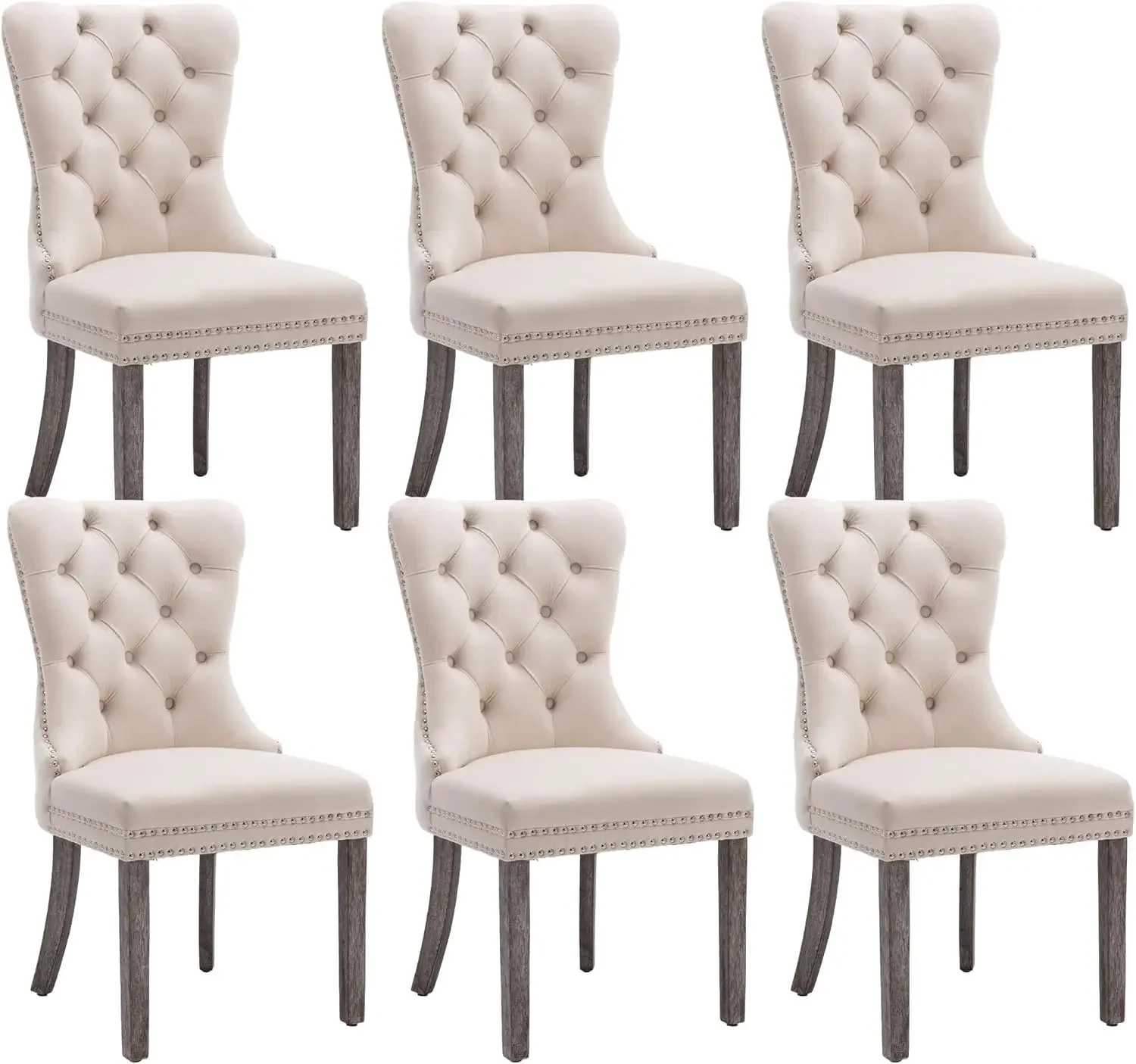 Velvet Dining Chairs Set of 6, Upholstered High-end Tufted Dining Room Chair with Back Ring Pull Trim Solid Wood Legs, Nikki Col