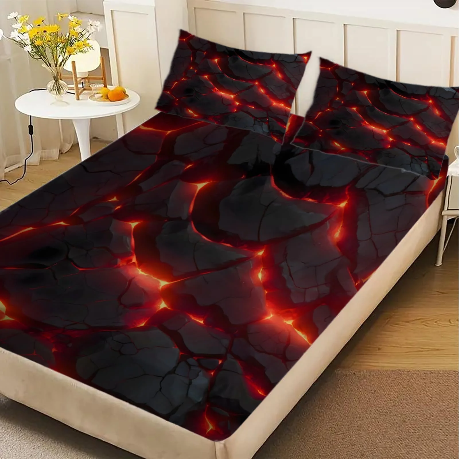 1-Pc Lava Crack Volcano Design Bed Sheet -100% Polyester, Digital Print, Breathable All-Season Fitted Sheet and Pillowcase Set