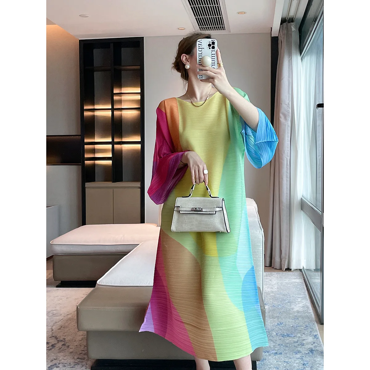 

Miyake Pleated Dress 2023 Autumn New Fashion Geometric Print Loose Cover Flesh Shows Thin Temperament Long Skirt Women