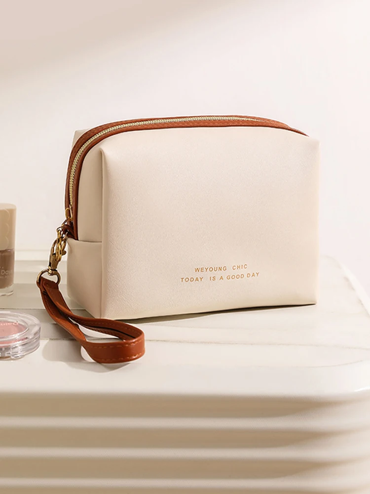 Bolso de mano de moda para cosméticos, bolsa de viaje para maquillaje para mujer, estuche portátil de cuero PU para cosméticos, bolsas de almacenamiento de maquillaje con asa