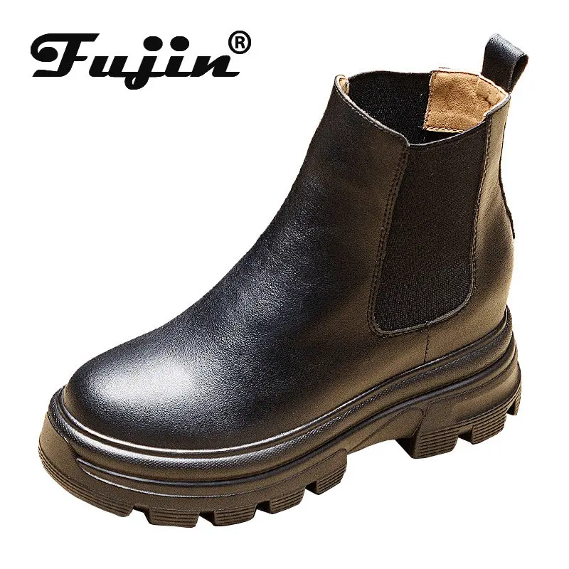 Fujin 8cm Genuine Leather Women Ankle Boots Chelsea Platform Booties Slip on Spring Autumn Motorcycle Hidden Heel Ladies Shoes