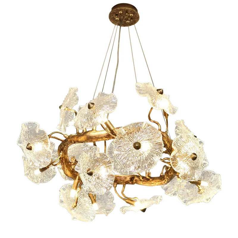 

All copper new Chinese light luxury chandelier living room lamp zen villa creative lotus leaf round bedroom dining room crystal