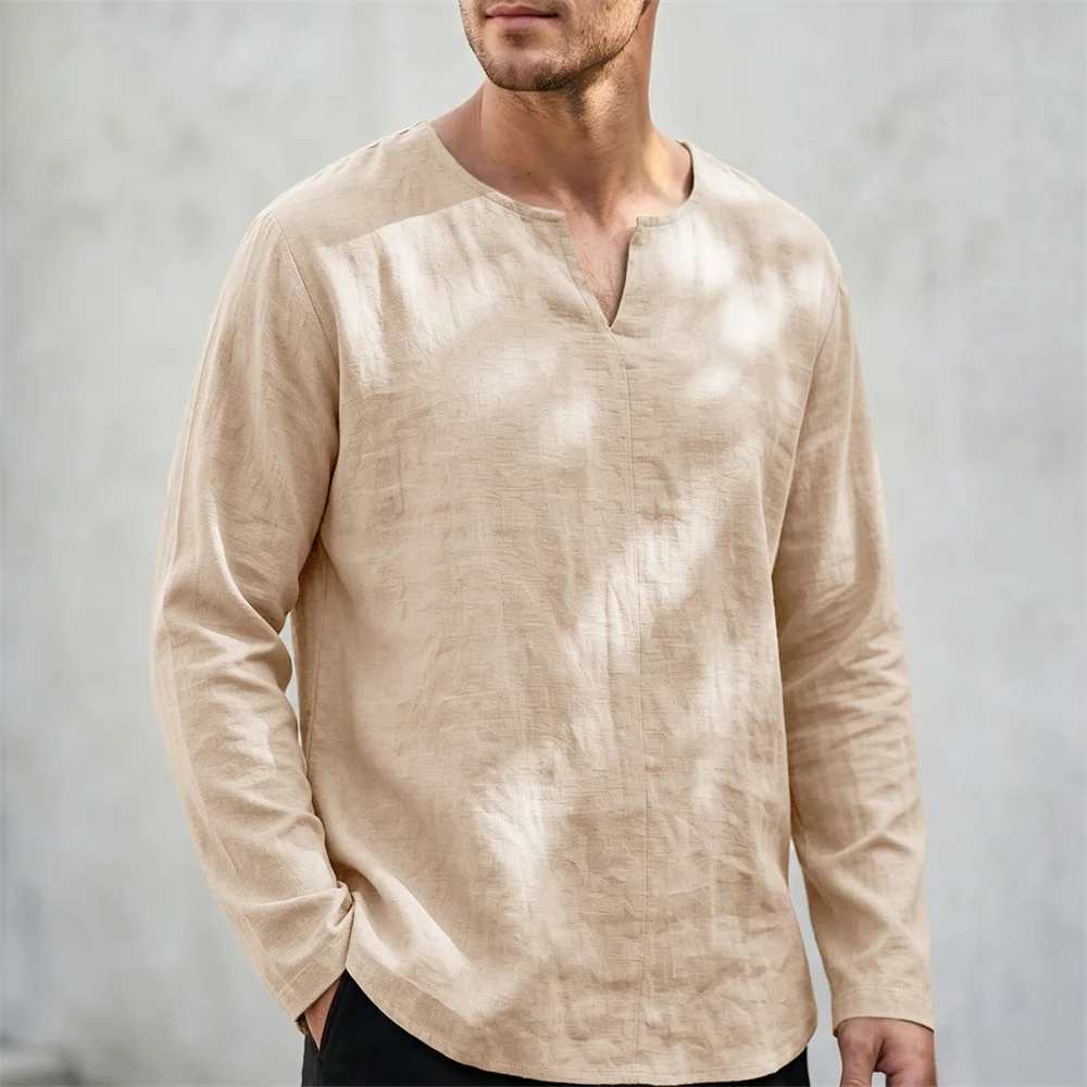 Herren Langarm-T-Shirt aus Baumwolle und Leinen V-Ausschnitt Lässig Einfarbig V-Ausschnitt Leicht Atmungsaktiv Bequeme T-Shirts für Männer – Detail 3