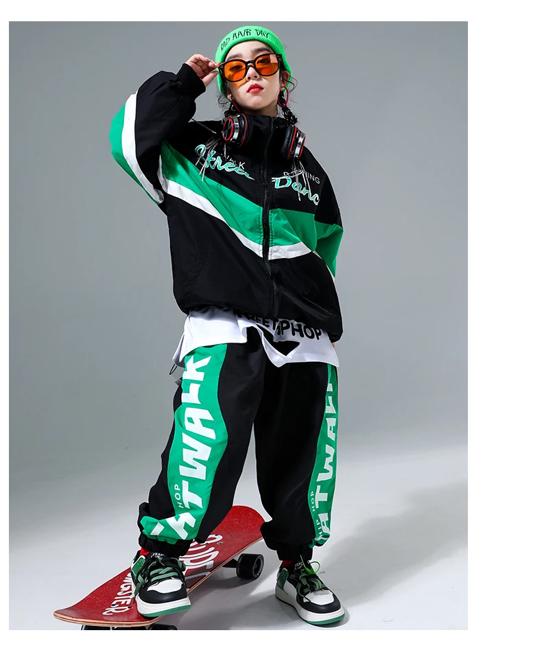 Hip Hop Mädchen Kontrast Bomber Jacke Sport Hosen Jungen Street Dance Mantel Streetwear Kinder Jazz Kleidung Set Kinder Schuluniform – Detail 8