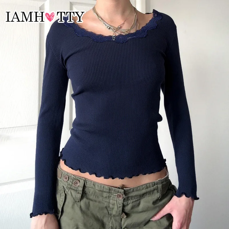 IAMHOTTY Frill Hem Ribbed Knitted Cropped Top Women's Fall Spring Slim-fit Long Sleeve T-shirt Retro Lace Patchwork Collar Tees