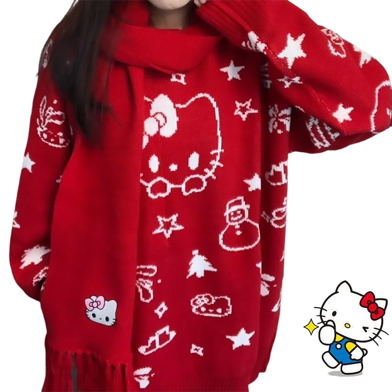 Kawaii Hello Kitty Sweater Scarf Sanrio Kitty Cat Autumn Winter Lazy Style Loose Round Neck Pullovers Sweet Knitted Long Sleeve