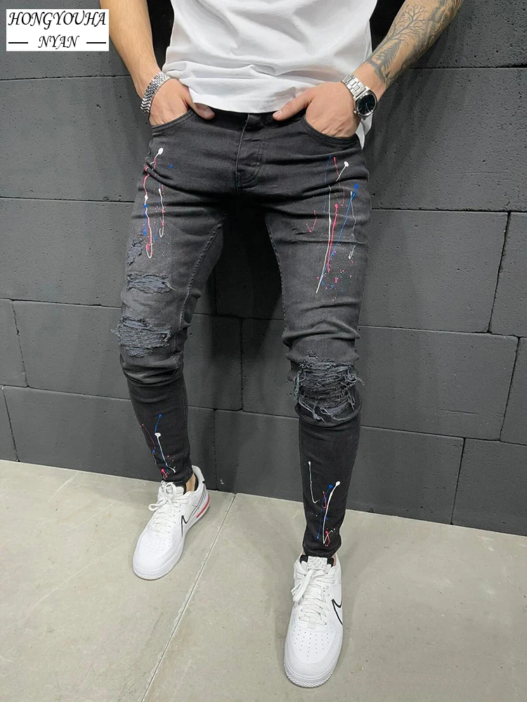 Fashion Mens Ripped Jeans Skinny streetwear vintage jeans Stretchy Hole Pencil Pants Slim Denim High Quality Hip Hop Black Jeans