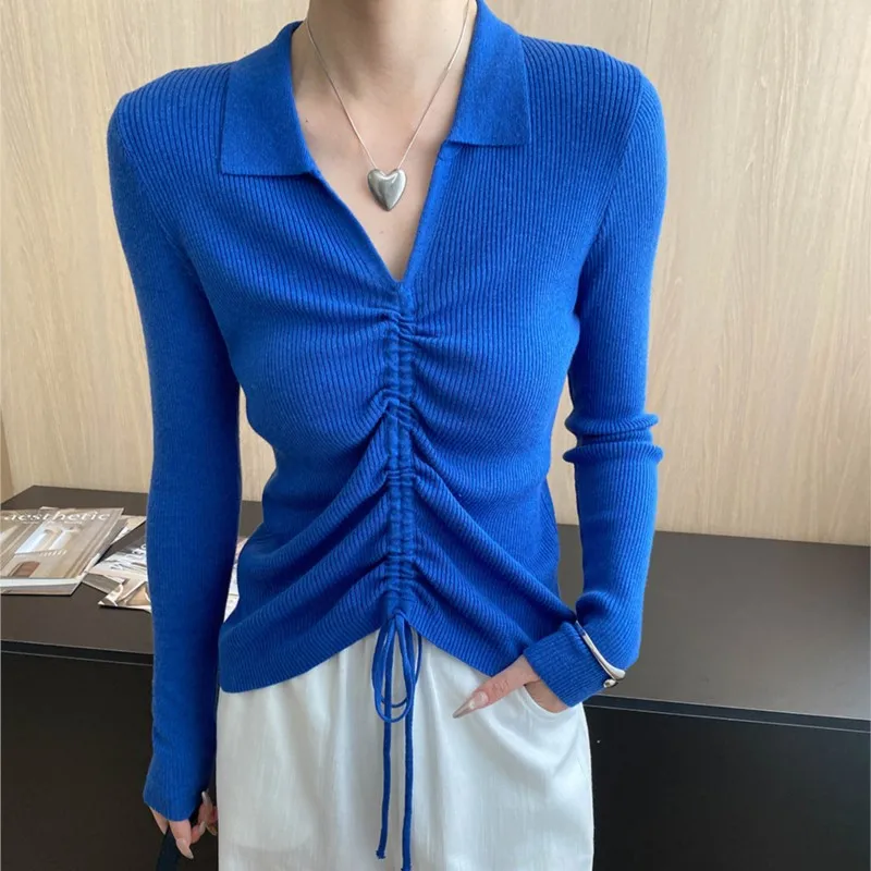 

2025 Early Autumn Long Sleeve High-end Lapel Pleated Drawstring Slim Fit Knitted Sweater Top