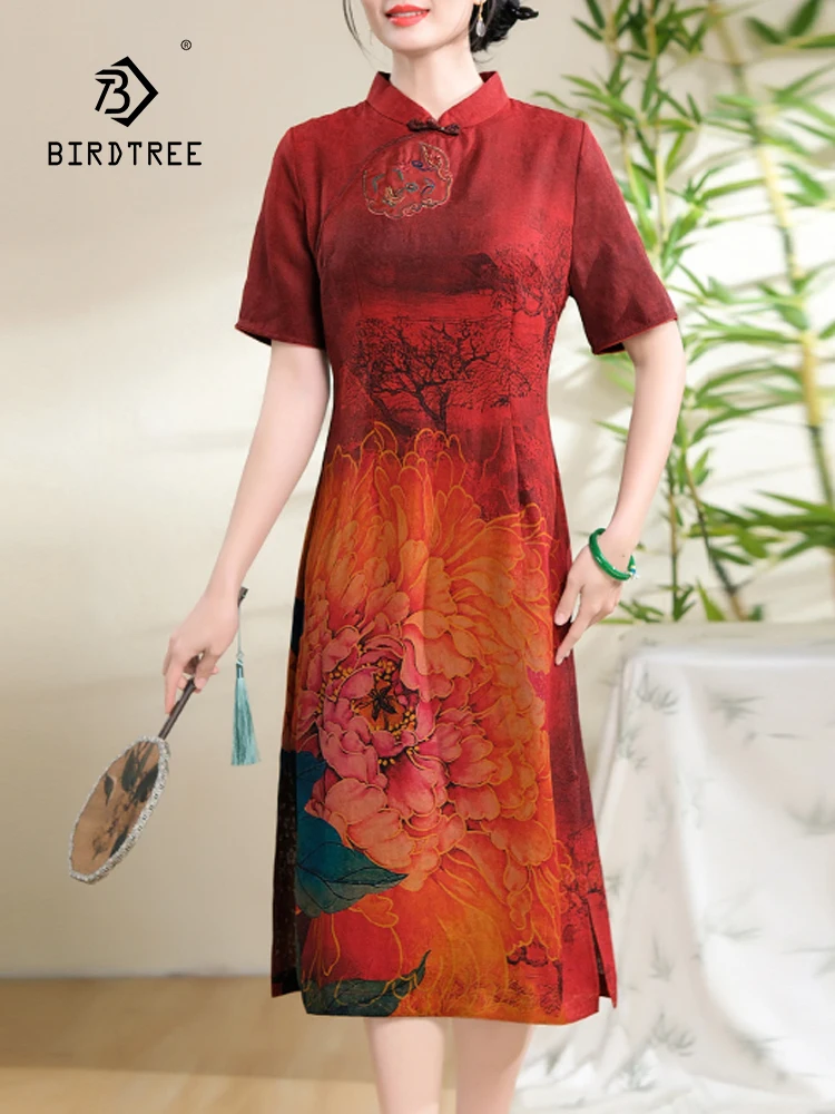 

BirdTree, 100%Mulberry Silk Retro Dresses, Women's XiangYunSha Short Sleeve, Chinese Style Large Mom Dress, 2024 Summer D44437QC