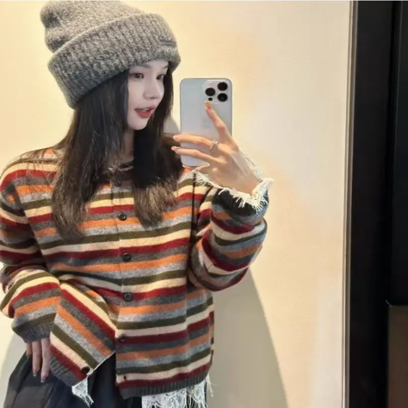 Women Striped Knitted Open Cardigan Loose Fit Sweater Outerwear Autumn Season Lazy Style Korean Fashion knitwear Top view 6