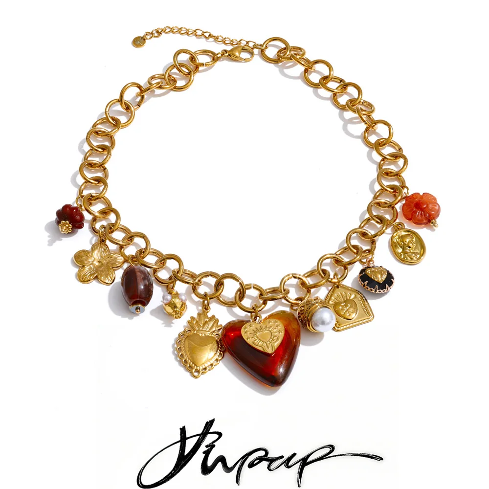 Yhpup Charms Pendant Necklace Stainless Steel Acrylic Heart Flower Strawberry Drop Statement Necklace Waterproof Collar Jewelry