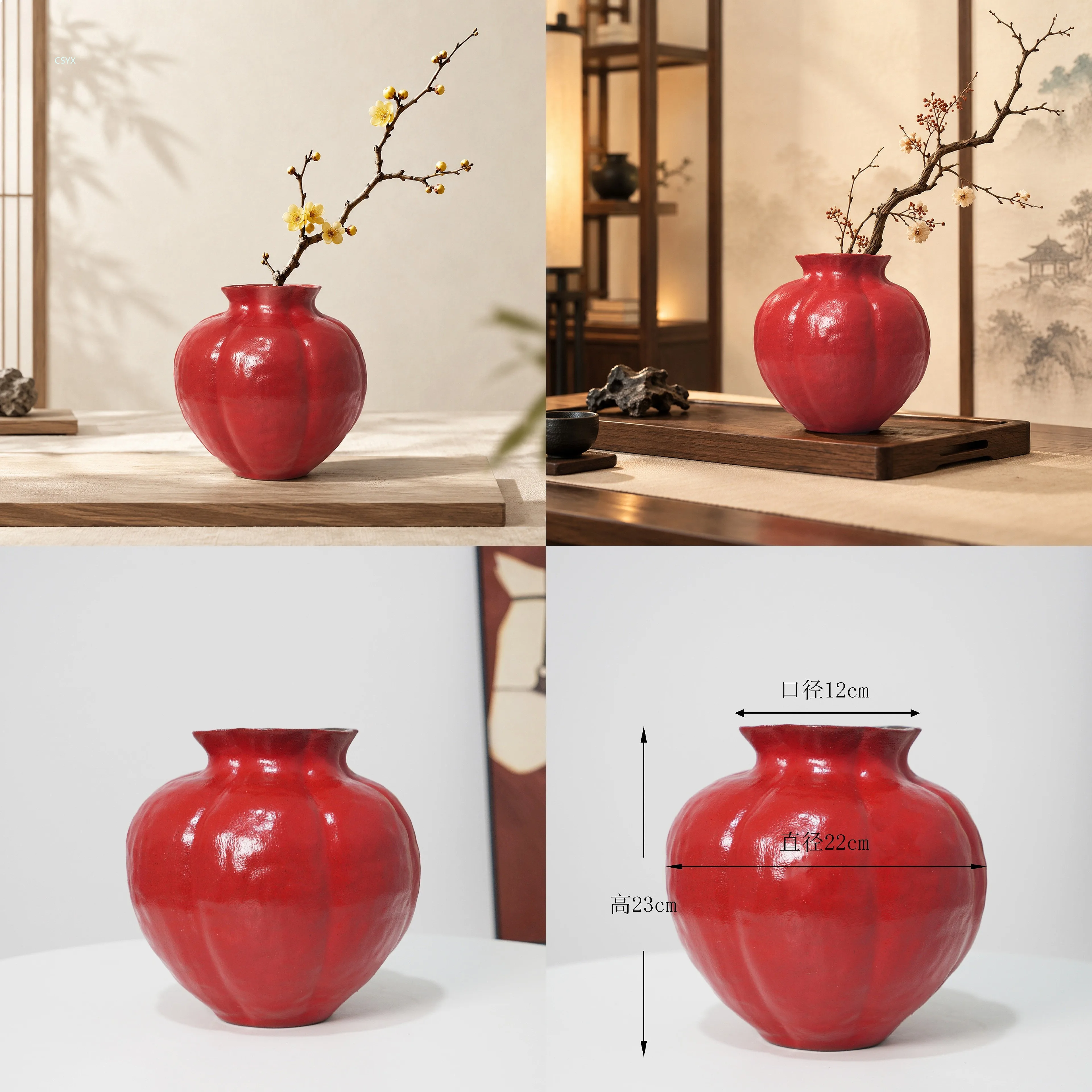 Handmade Ceramic Vase Red Pumpkin Shape Flower Arrangement Hydroponic Festive Spring Festival Decor