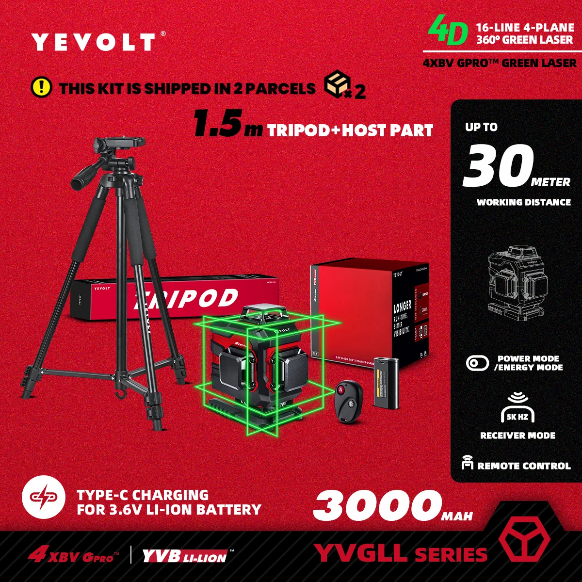 YEVOLT TP-YVGLL4XS16 Series Green Laser Level 4-Plane 16-Line Self-leveling 360 4D Power Measuring Tools-1.5M Aluminium Tripod